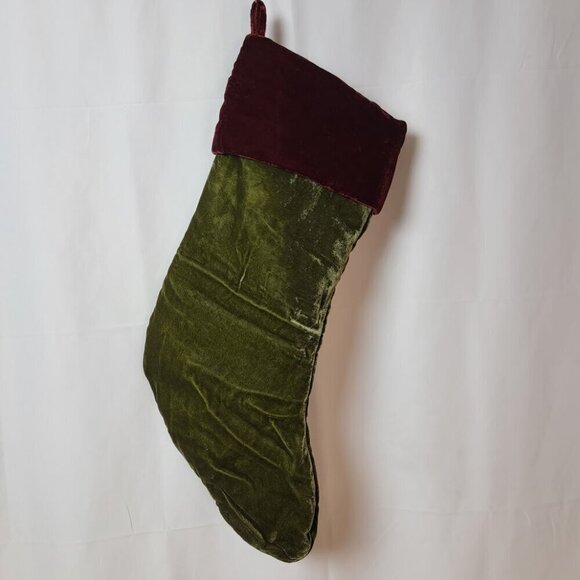 Pottery Barn Velvet Christmas Stocking - Dark Red Cuff, Green Stocking - Picture 2 of 4